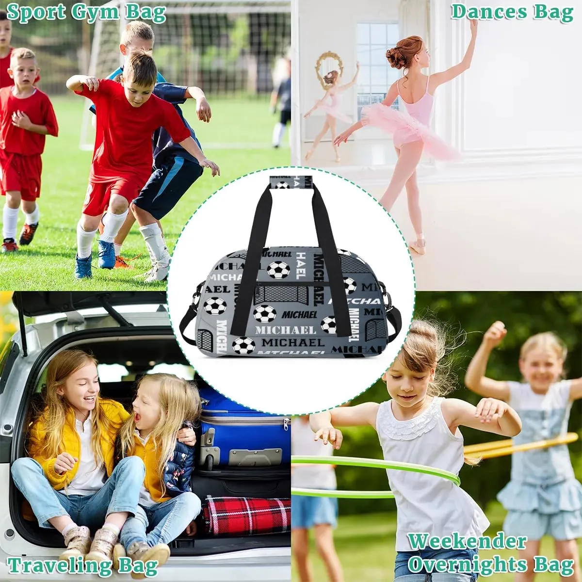 Custom Soccer Gym Duffel Bag with Name, Personalized Name Sport Bag Overnight Bags Custom Travel Weekender Bag for Women Men, Black Grey