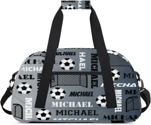Custom Soccer Gym Duffel Bag with Name, Personalized Name Sport Bag Overnight Bags Custom Travel Weekender Bag for Women Men, Black Grey