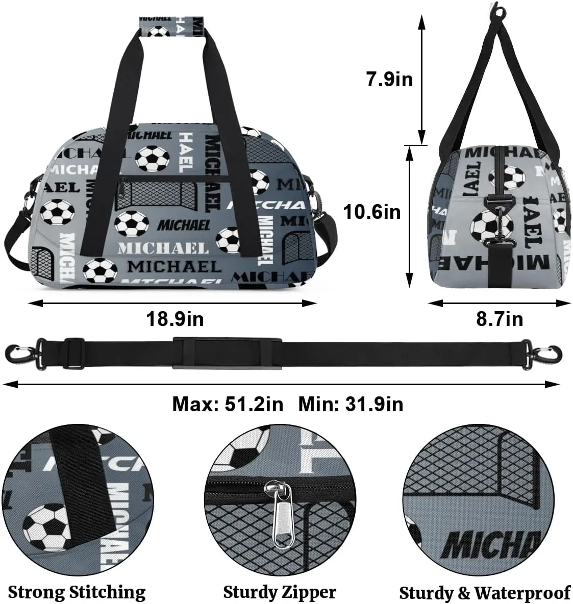 Custom Soccer Gym Duffel Bag with Name, Personalized Name Sport Bag Overnight Bags Custom Travel Weekender Bag for Women Men, Black Grey