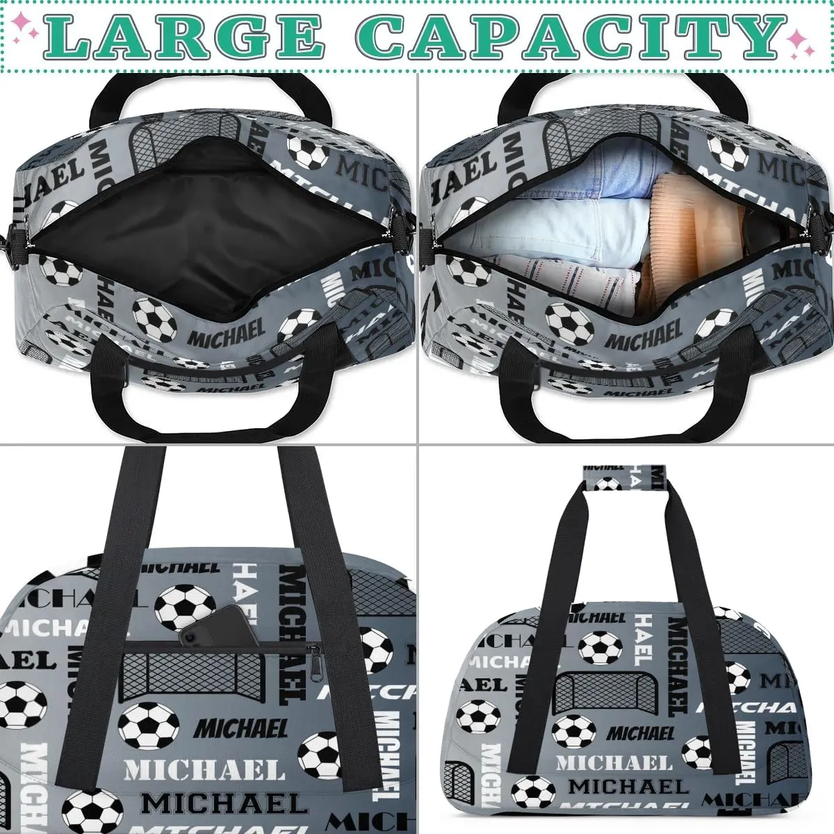 Custom Soccer Gym Duffel Bag with Name, Personalized Name Sport Bag Overnight Bags Custom Travel Weekender Bag for Women Men, Black Grey