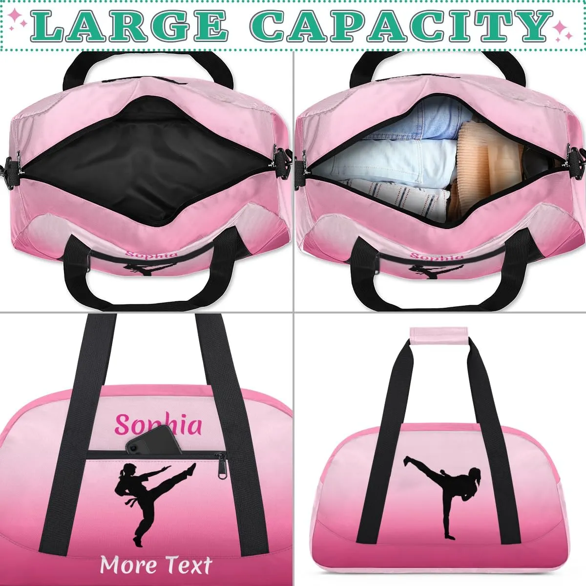 Custom Sport Duffel Bag for Girls, Personalized Kids Gym Bag, Overnight Weekender Bags for Teens, Travel Duffle Bag for Girls, Deeppink Martial Arts