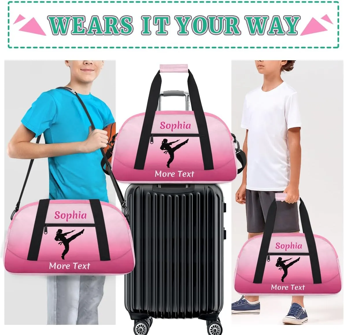 Custom Sport Duffel Bag for Girls, Personalized Kids Gym Bag, Overnight Weekender Bags for Teens, Travel Duffle Bag for Girls, Deeppink Martial Arts