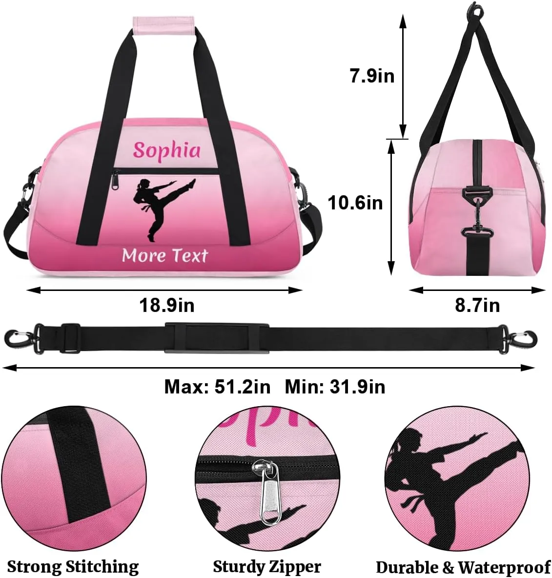Custom Sport Duffel Bag for Girls, Personalized Kids Gym Bag, Overnight Weekender Bags for Teens, Travel Duffle Bag for Girls, Deeppink Martial Arts