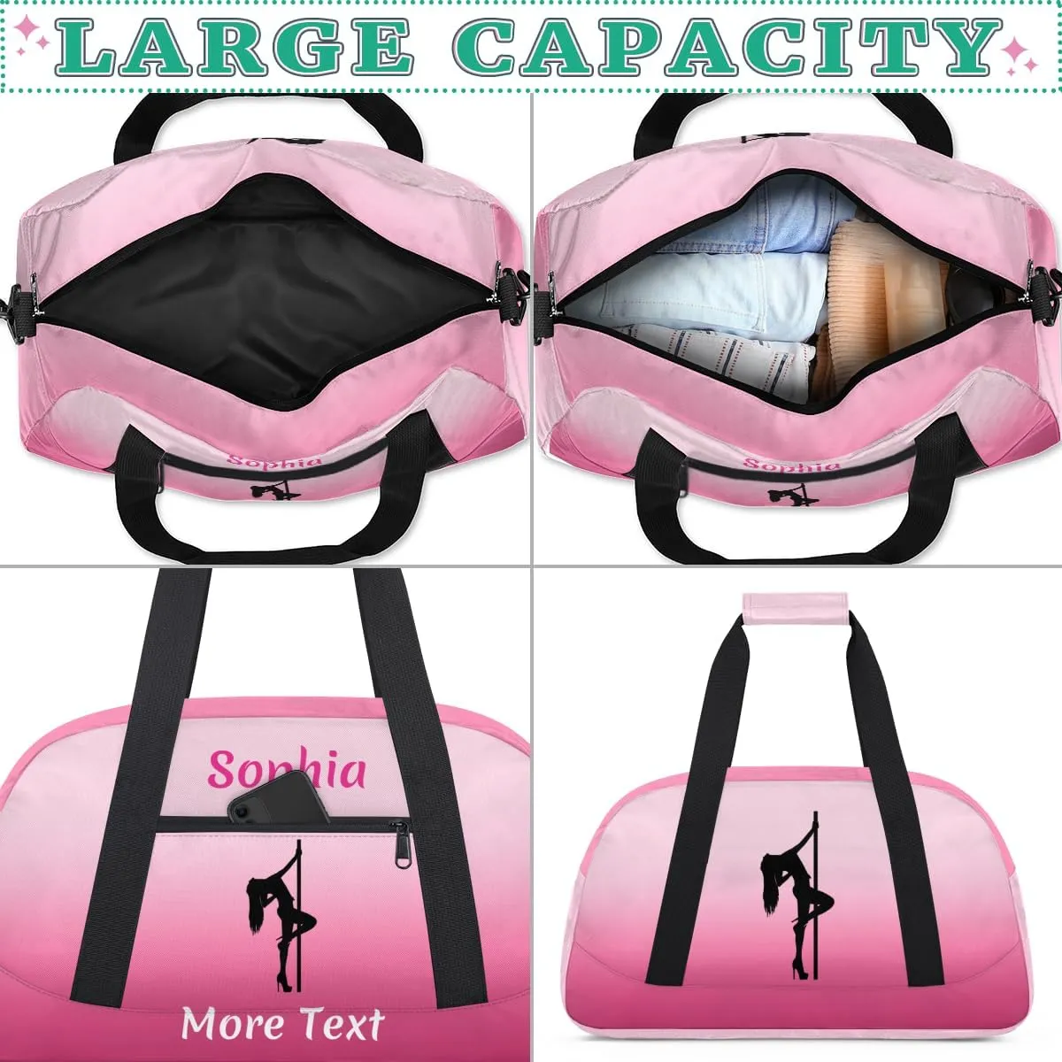 Custom Sport Duffel Bag for Girls, Personalized Kids Gym Bag, Overnight Weekender Bags for Teens, Travel Duffle Bag for Girls, Deeppink Pole Dance