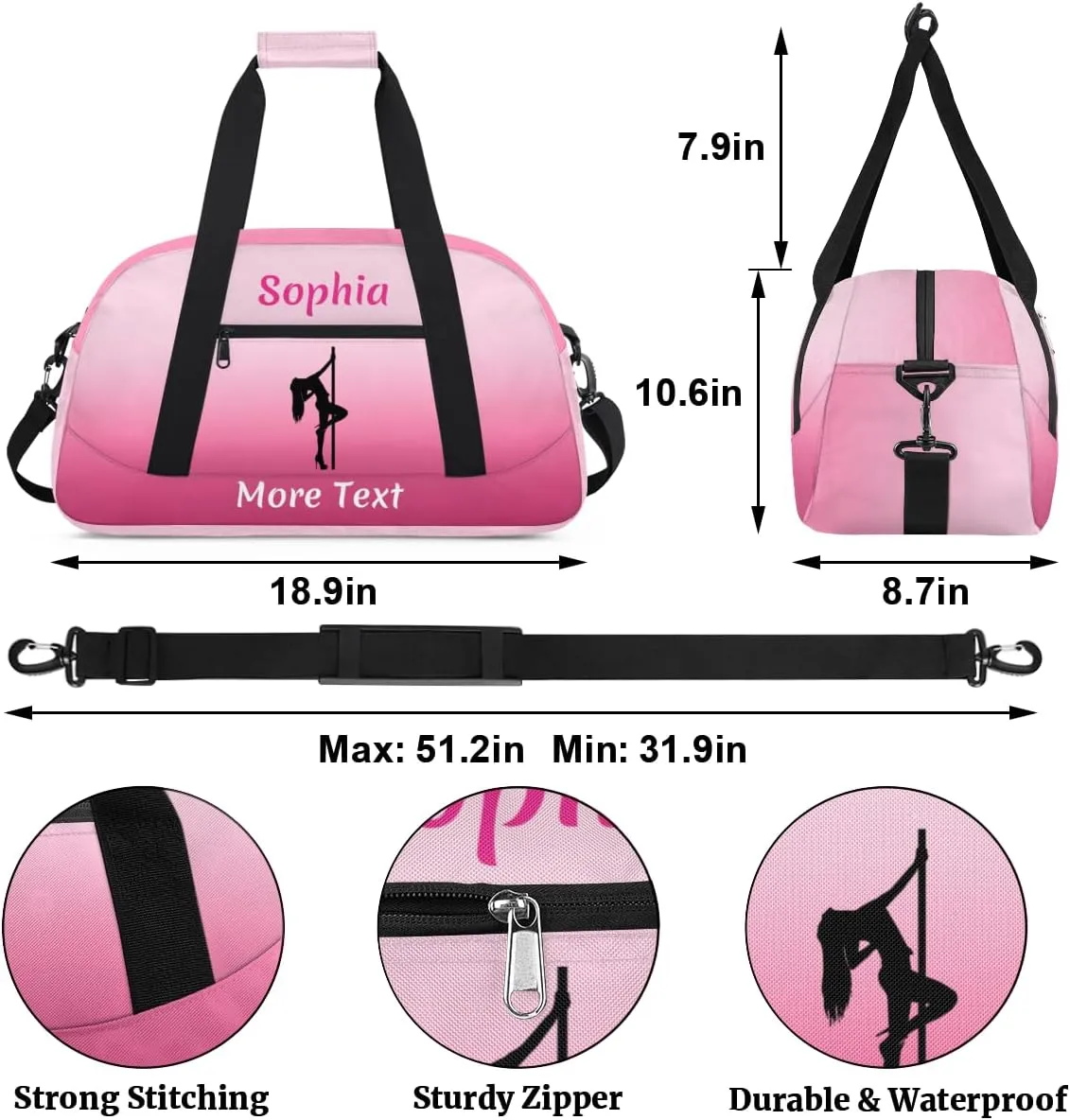 Custom Sport Duffel Bag for Girls, Personalized Kids Gym Bag, Overnight Weekender Bags for Teens, Travel Duffle Bag for Girls, Deeppink Pole Dance