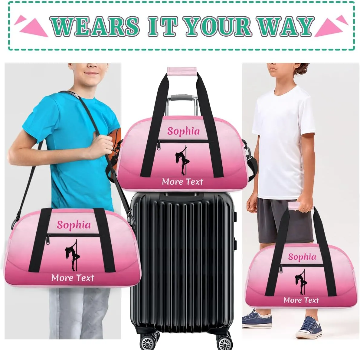 Custom Sport Duffel Bag for Girls, Personalized Kids Gym Bag, Overnight Weekender Bags for Teens, Travel Duffle Bag for Girls, Deeppink Pole Dance
