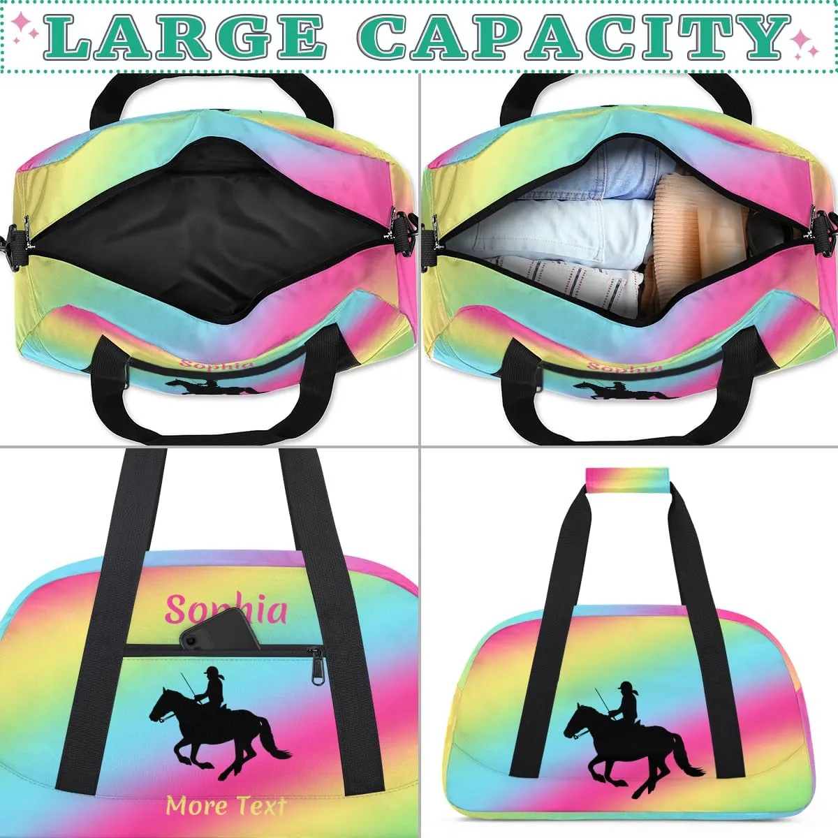 Custom Sport Duffel Bag for Girls, Personalized Kids Gym Bag, Overnight Weekender Bags for Teens, Travel Duffle Bag for Girls, Rainbow Horse