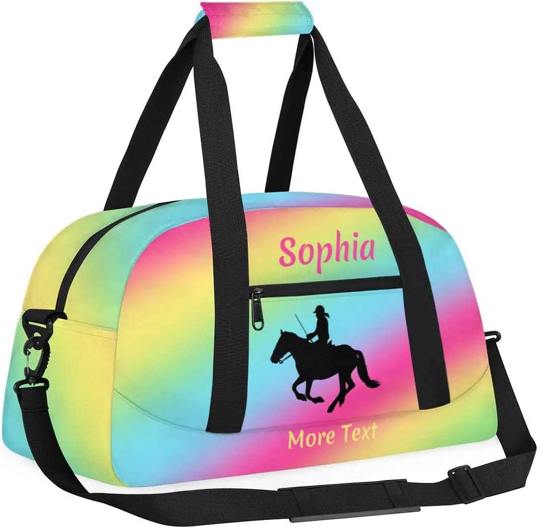 Custom Sport Duffel Bag for Girls, Personalized Kids Gym Bag, Overnight Weekender Bags for Teens, Travel Duffle Bag for Girls, Rainbow Horse