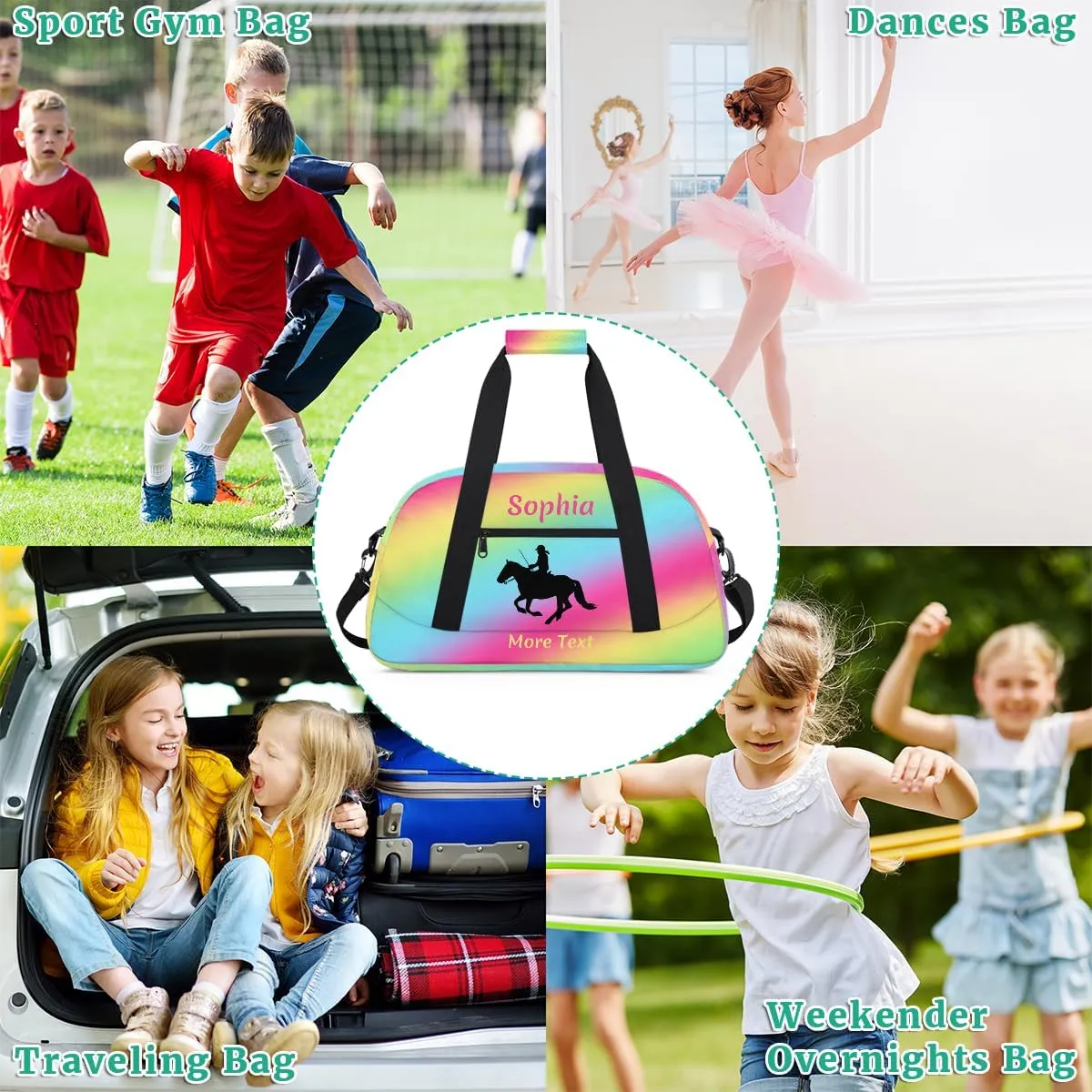 Custom Sport Duffel Bag for Girls, Personalized Kids Gym Bag, Overnight Weekender Bags for Teens, Travel Duffle Bag for Girls, Rainbow Horse