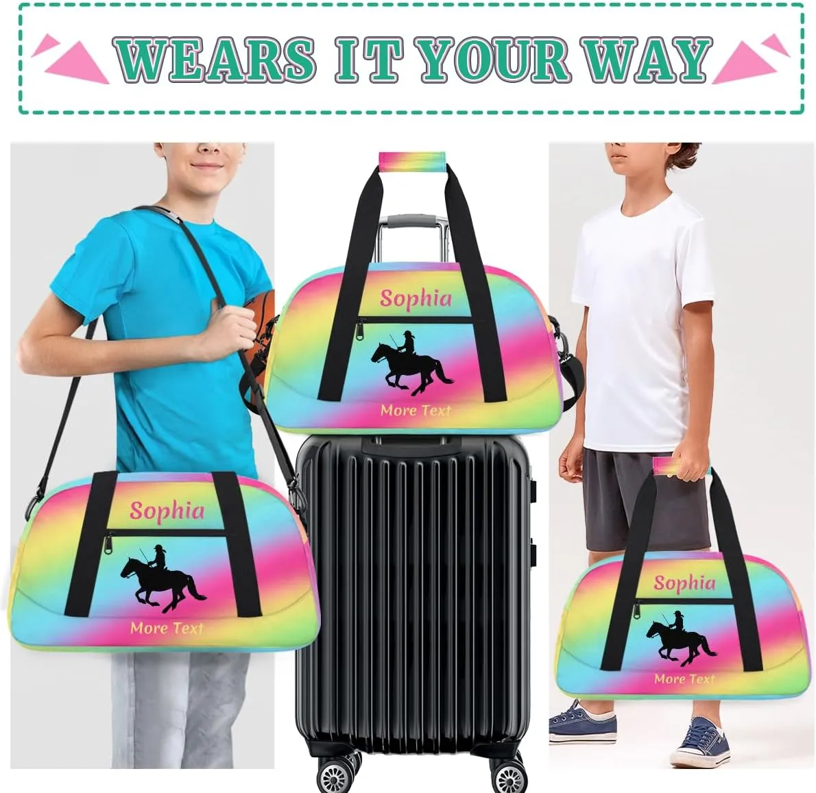 Custom Sport Duffel Bag for Girls, Personalized Kids Gym Bag, Overnight Weekender Bags for Teens, Travel Duffle Bag for Girls, Rainbow Horse