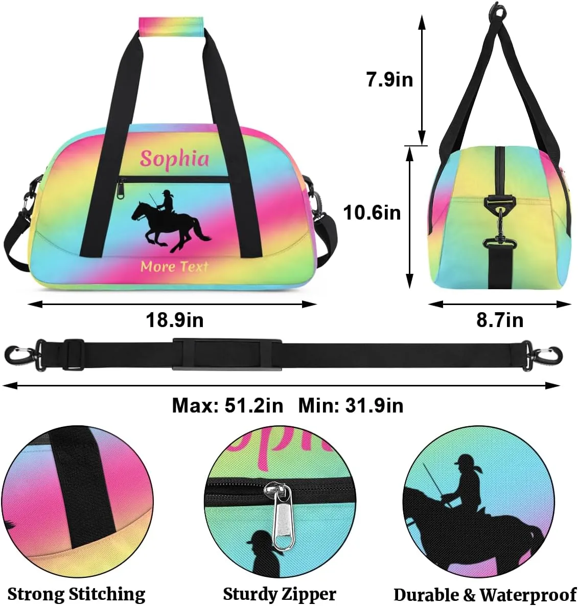 Custom Sport Duffel Bag for Girls, Personalized Kids Gym Bag, Overnight Weekender Bags for Teens, Travel Duffle Bag for Girls, Rainbow Horse