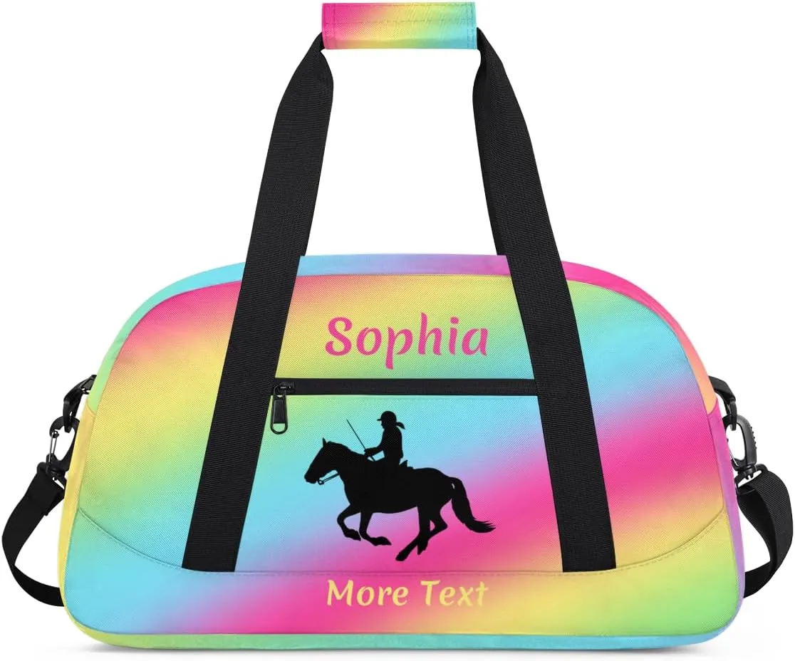 Custom Sport Duffel Bag for Girls, Personalized Kids Gym Bag, Overnight Weekender Bags for Teens, Travel Duffle Bag for Girls, Rainbow Horse