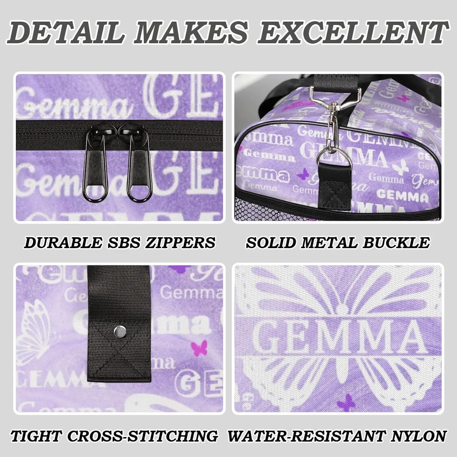Custom Sport Duffel Bag with Name Butterfly Travel Overnight Bag for Women Men Waterproof Dance Ballet Bag Lightweight 17.4in, Purple Fluid Glitter