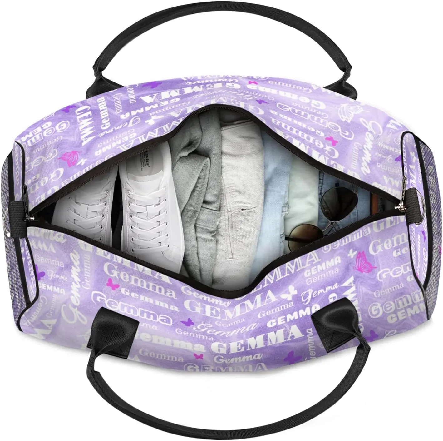 Custom Sport Duffel Bag with Name Butterfly Travel Overnight Bag for Women Men Waterproof Dance Ballet Bag Lightweight 17.4in, Purple Fluid Glitter