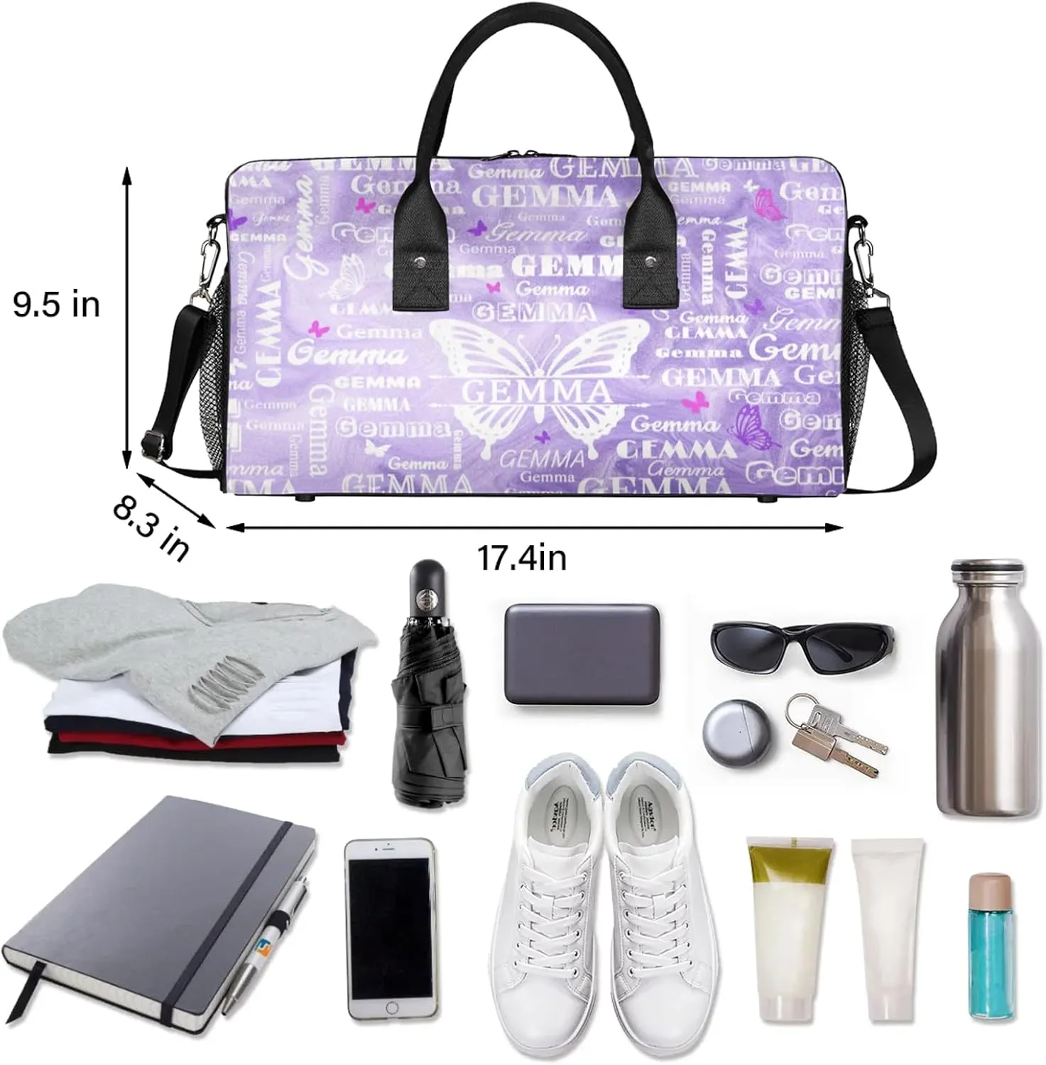 Custom Sport Duffel Bag with Name Butterfly Travel Overnight Bag for Women Men Waterproof Dance Ballet Bag Lightweight 17.4in, Purple Fluid Glitter