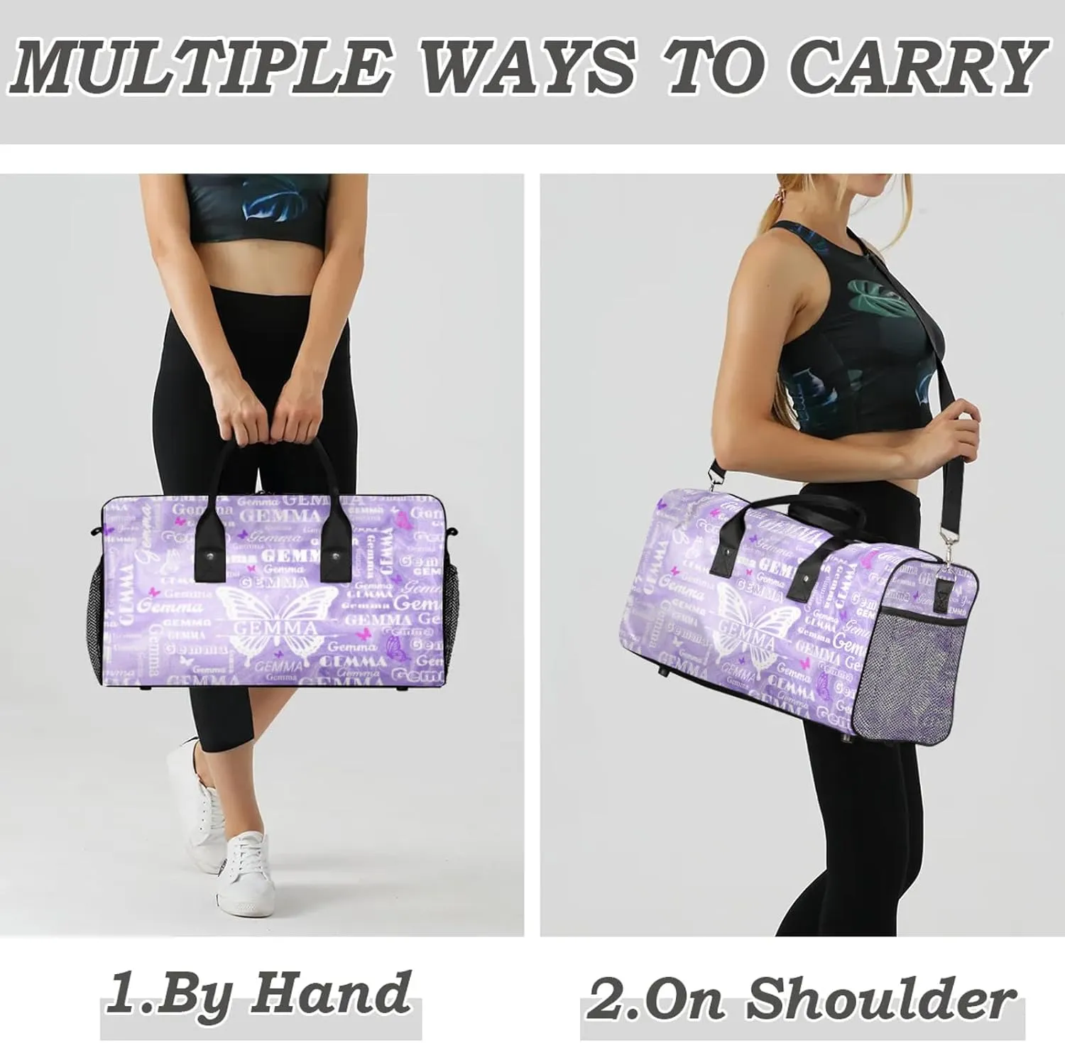 Custom Sport Duffel Bag with Name Butterfly Travel Overnight Bag for Women Men Waterproof Dance Ballet Bag Lightweight 17.4in, Purple Fluid Glitter