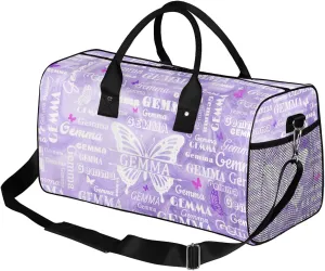 Custom Sport Duffel Bag with Name Butterfly Travel Overnight Bag for Women Men Waterproof Dance Ballet Bag Lightweight 17.4in, Purple Fluid Glitter