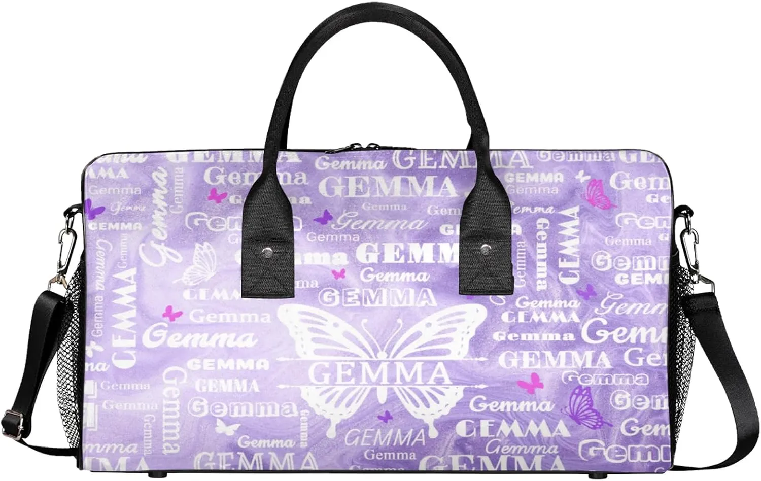 Custom Sport Duffel Bag with Name Butterfly Travel Overnight Bag for Women Men Waterproof Dance Ballet Bag Lightweight 17.4in, Purple Fluid Glitter