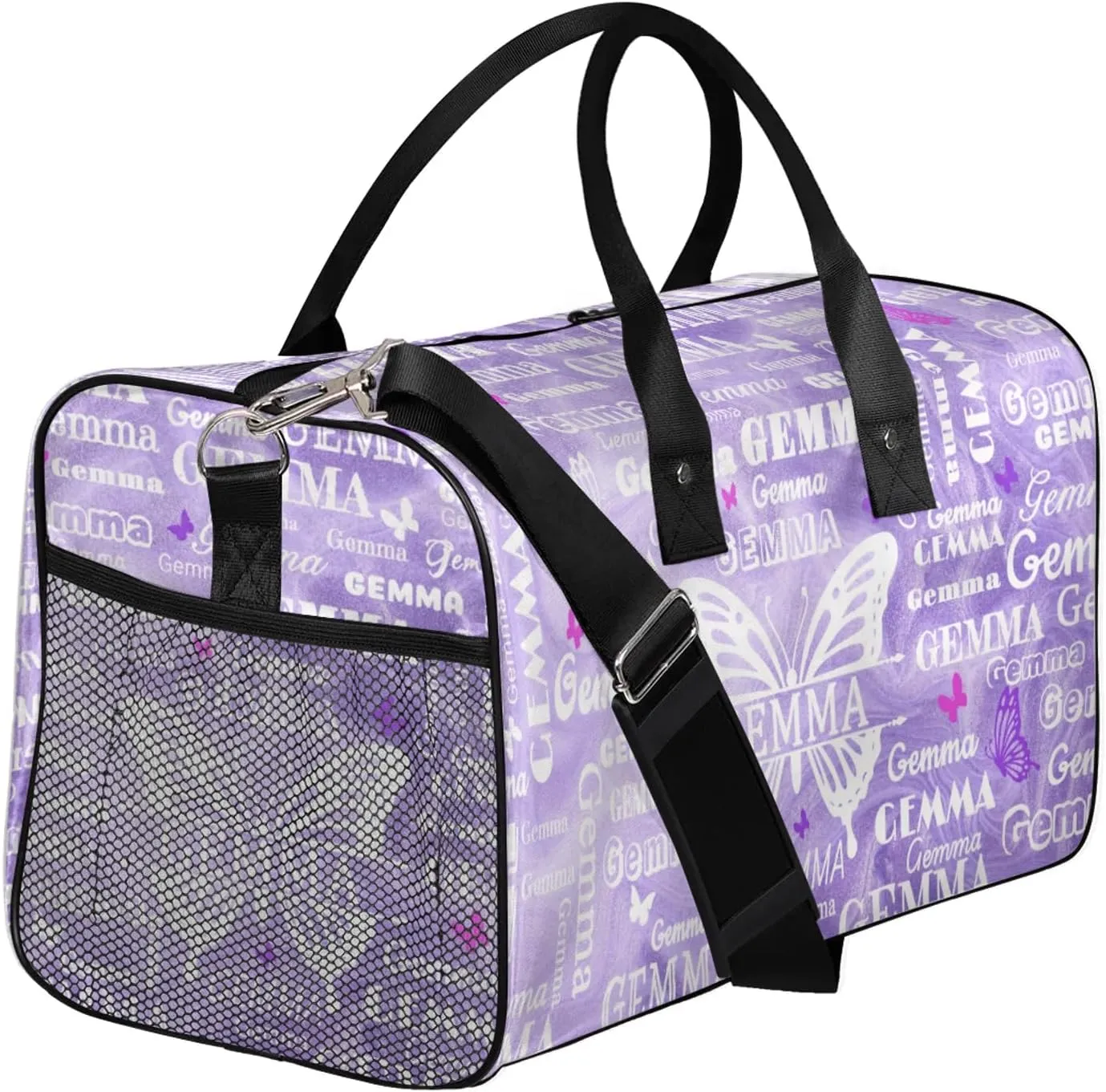 Custom Sport Duffel Bag with Name Butterfly Travel Overnight Bag for Women Men Waterproof Dance Ballet Bag Lightweight 17.4in, Purple Fluid Glitter