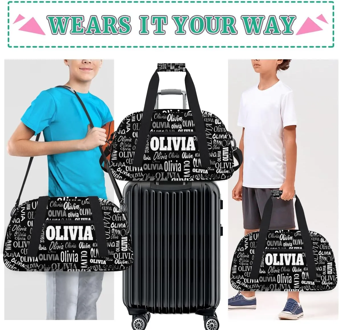 Custom Sports Bag Gym Bag for Boys Teens, Personalized Travel Bag Overnight Small Duffel Bag Gymnastics Swimming Sleepover Overnight Sports Bag, Solid Black
