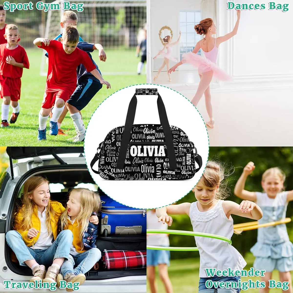 Custom Sports Bag Gym Bag for Boys Teens, Personalized Travel Bag Overnight Small Duffel Bag Gymnastics Swimming Sleepover Overnight Sports Bag, Solid Black