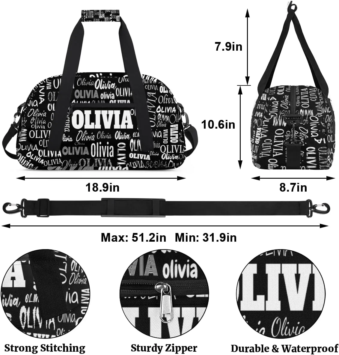 Custom Sports Bag Gym Bag for Boys Teens, Personalized Travel Bag Overnight Small Duffel Bag Gymnastics Swimming Sleepover Overnight Sports Bag, Solid Black