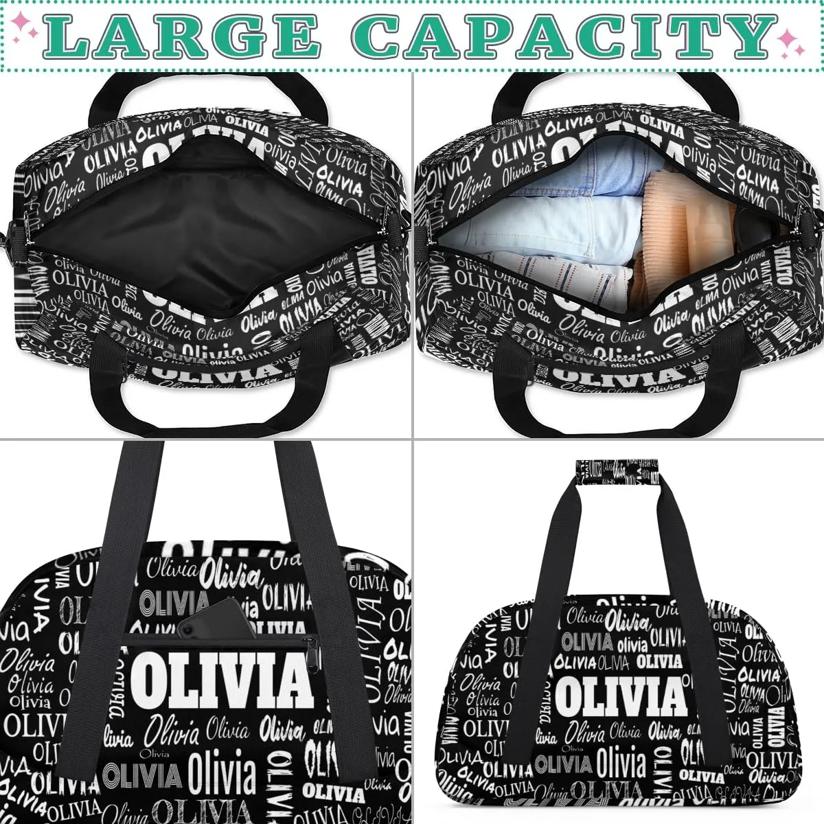 Custom Sports Bag Gym Bag for Boys Teens, Personalized Travel Bag Overnight Small Duffel Bag Gymnastics Swimming Sleepover Overnight Sports Bag, Solid Black
