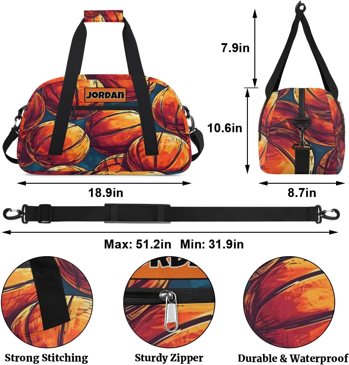 Custom Sports Ball Bag for Boys, Personalized Sports Gym Duffle Bag Name Ranked Gym Cheer Playing Soccer Swimming Training Bag Travel Duffel with Name, Painted Basketball