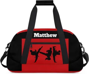 Custom Sports Gym Bag for Boys, Personalized Sports Gym Duffel Tote Workout Bag Named Rank Travel Overnight Training Bag, Martial Art Silhouette Black Red