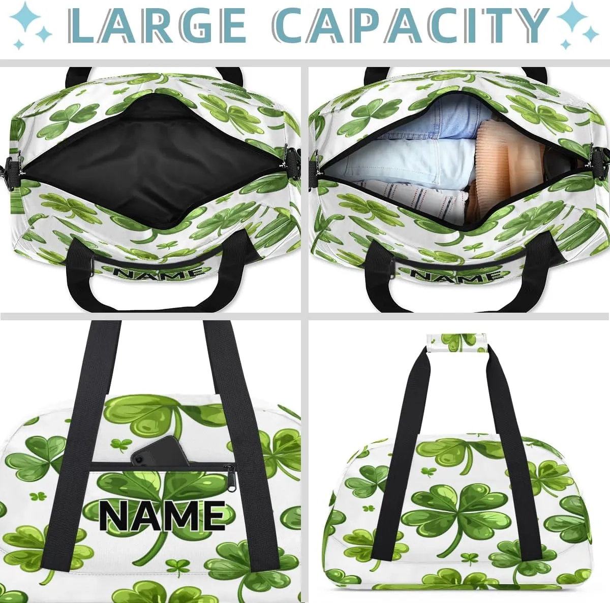 Custom St. Patrick's Day Small Gym Bag 18 inch for Women Men Personalized Green Shamrock Carry On Overnight Weekender Bag for Travel Work Dance Sport