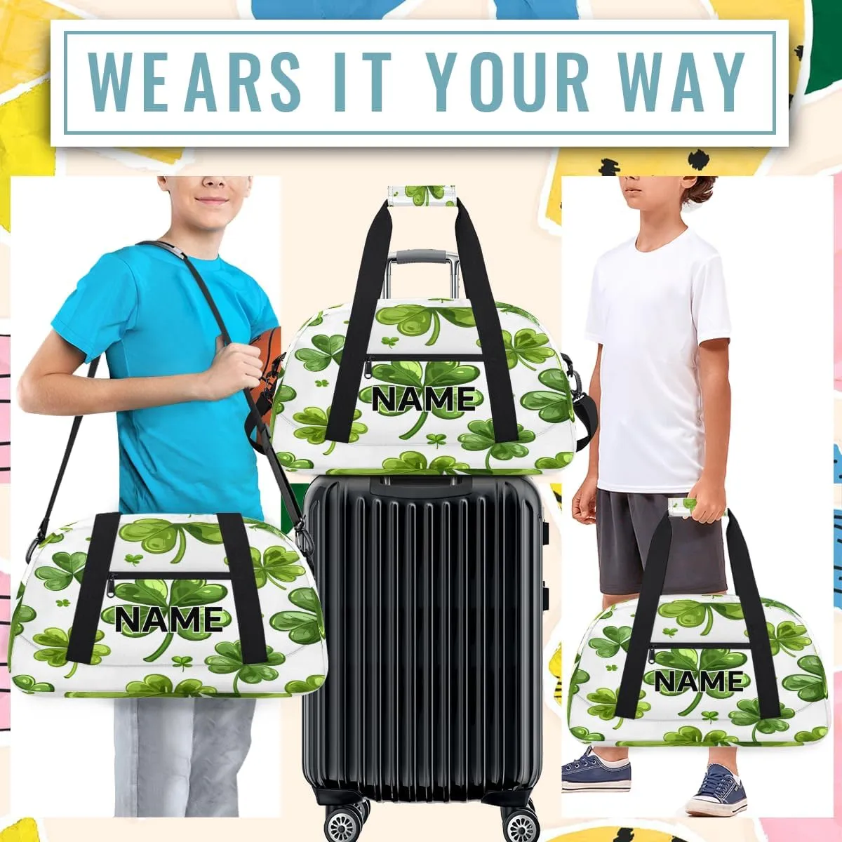 Custom St. Patrick's Day Small Gym Bag 18 inch for Women Men Personalized Green Shamrock Carry On Overnight Weekender Bag for Travel Work Dance Sport