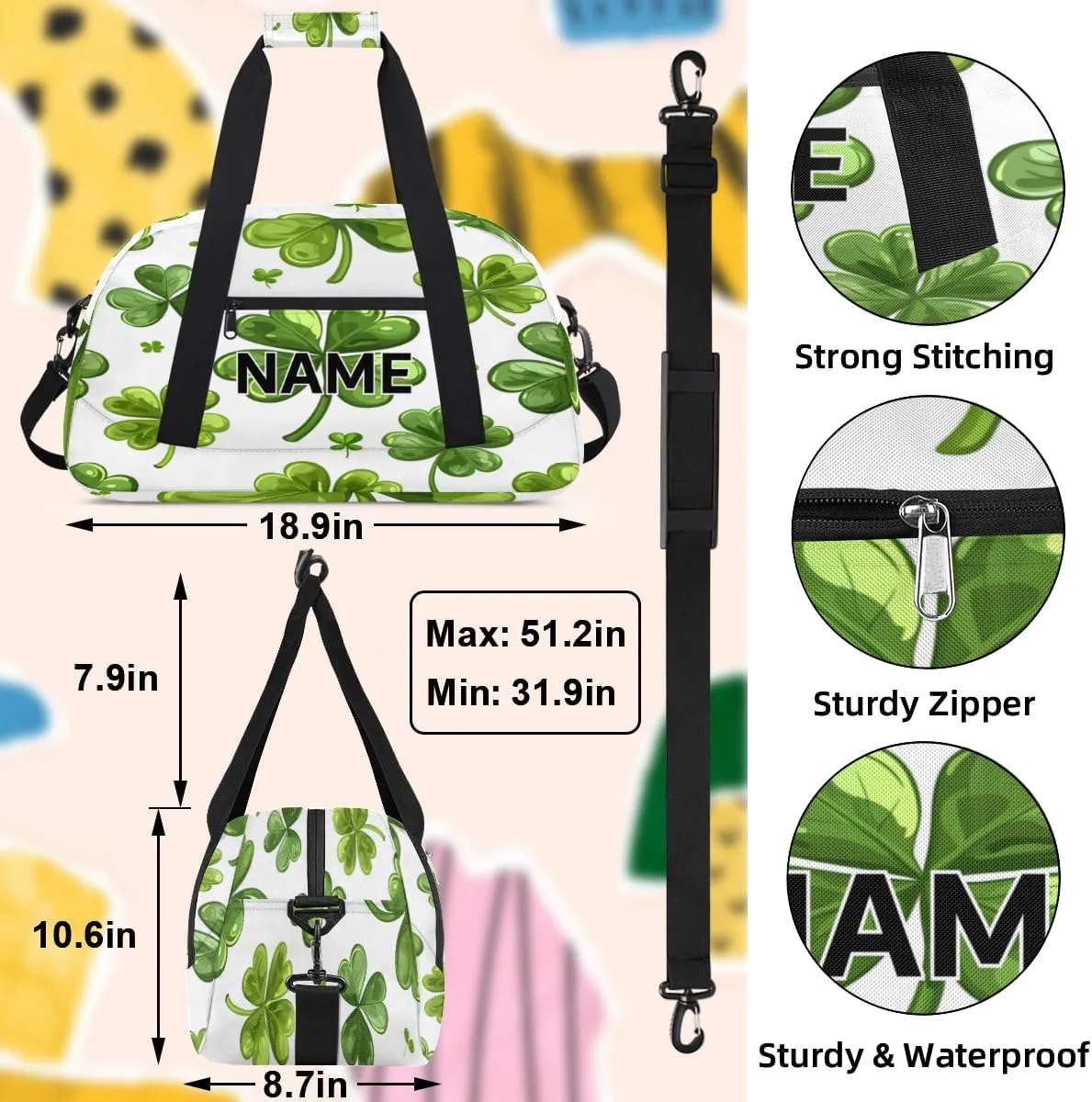 Custom St. Patrick's Day Small Gym Bag 18 inch for Women Men Personalized Green Shamrock Carry On Overnight Weekender Bag for Travel Work Dance Sport