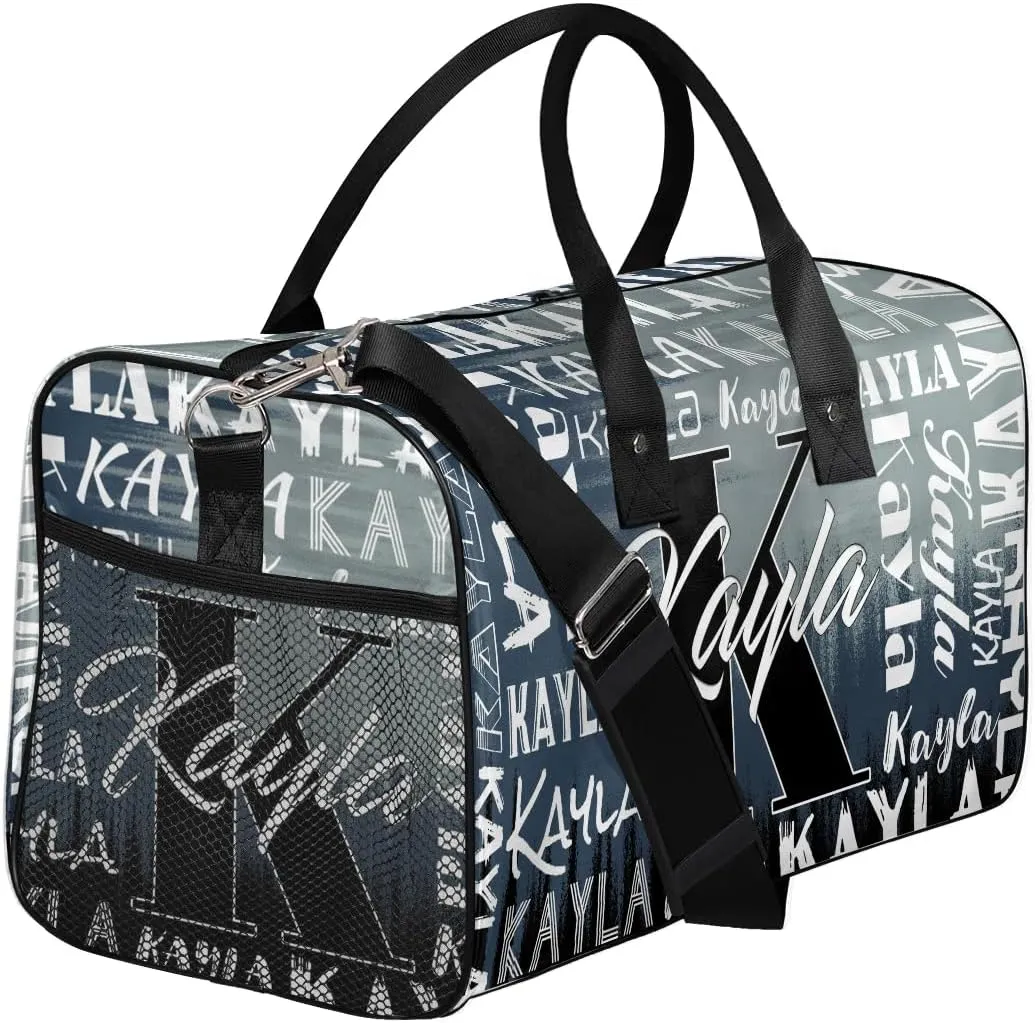 Custom Travel Bag, Personalized Duffle Bag with Initials Name, Sports Dance Gym Tote Bags Weekender Overnight Bag for Women Men, Grey Black