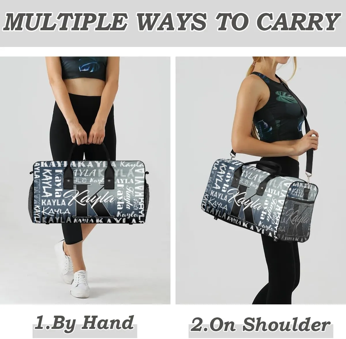 Custom Travel Bag, Personalized Duffle Bag with Initials Name, Sports Dance Gym Tote Bags Weekender Overnight Bag for Women Men, Grey Black