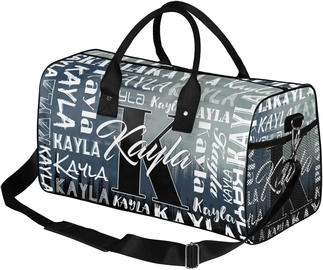 Custom Travel Bag, Personalized Duffle Bag with Initials Name, Sports Dance Gym Tote Bags Weekender Overnight Bag for Women Men, Grey Black