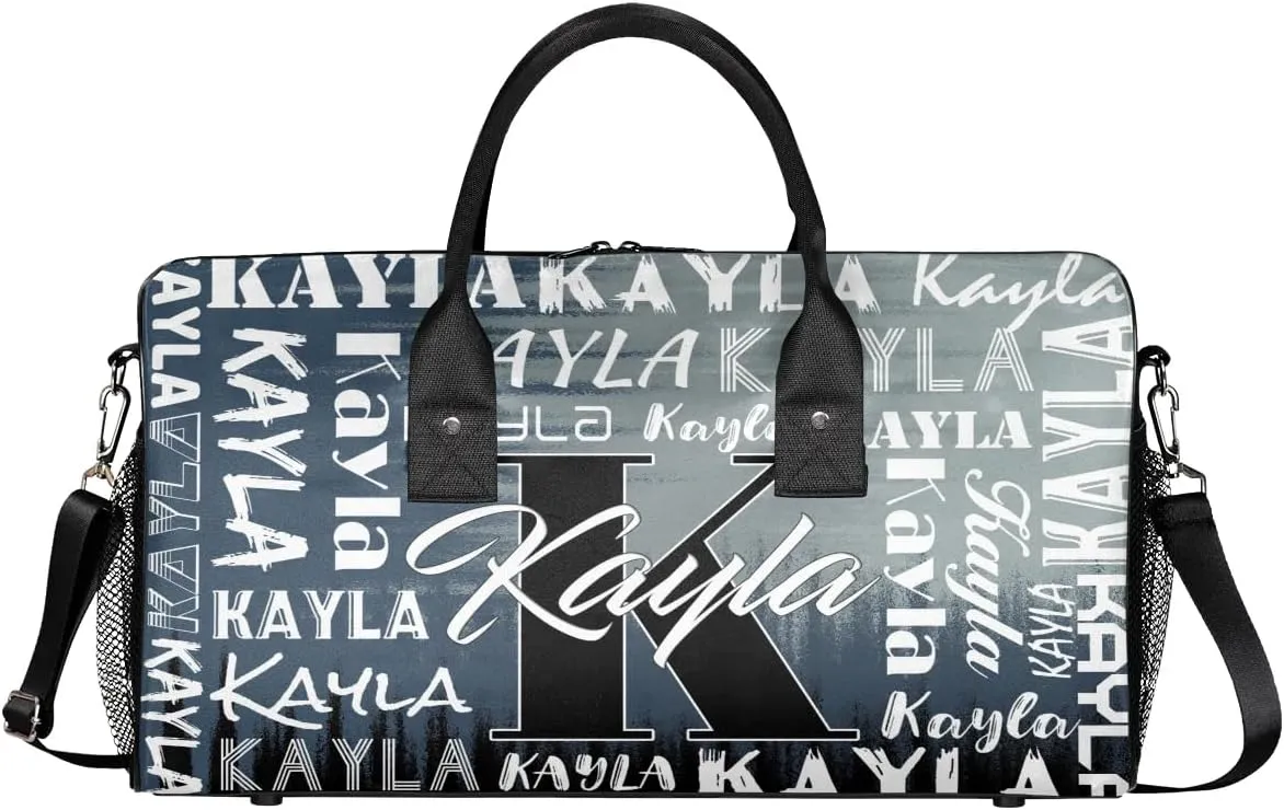 Custom Travel Bag, Personalized Duffle Bag with Initials Name, Sports Dance Gym Tote Bags Weekender Overnight Bag for Women Men, Grey Black