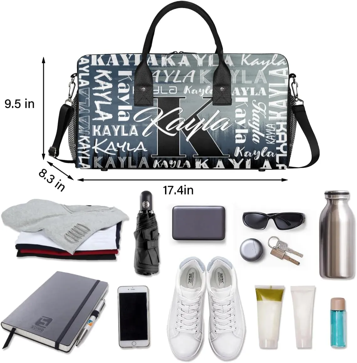 Custom Travel Bag, Personalized Duffle Bag with Initials Name, Sports Dance Gym Tote Bags Weekender Overnight Bag for Women Men, Grey Black