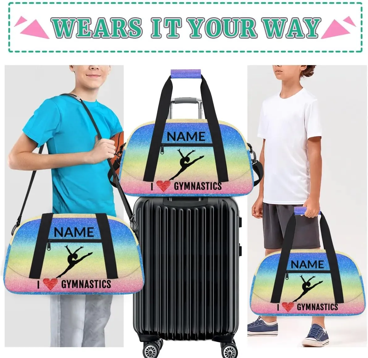 Custom Travel Duffle Bag, Gymnastics Duffel Bag Weekender Overnight Bag, Large Capacity Carry On Tote for Gym, Travel, Work, and Sports, Blue Pink