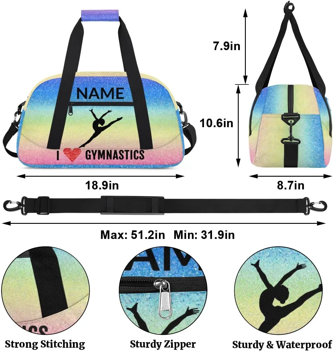 Custom Travel Duffle Bag, Gymnastics Duffel Bag Weekender Overnight Bag, Large Capacity Carry On Tote for Gym, Travel, Work, and Sports, Blue Pink