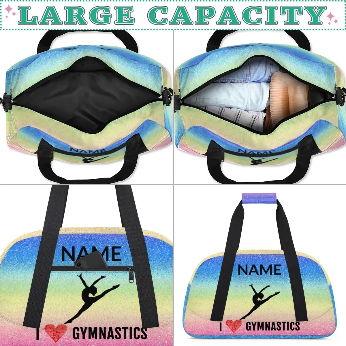Custom Travel Duffle Bag, Gymnastics Duffel Bag Weekender Overnight Bag, Large Capacity Carry On Tote for Gym, Travel, Work, and Sports, Blue Pink