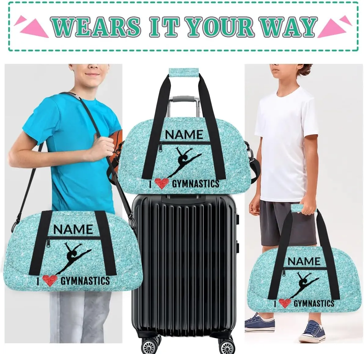 Custom Travel Duffle Bag, Gymnastics Duffel Bag Weekender Overnight Bag, Large Capacity Carry On Tote for Gym, Travel, Work, and Sports, Blue Shiny