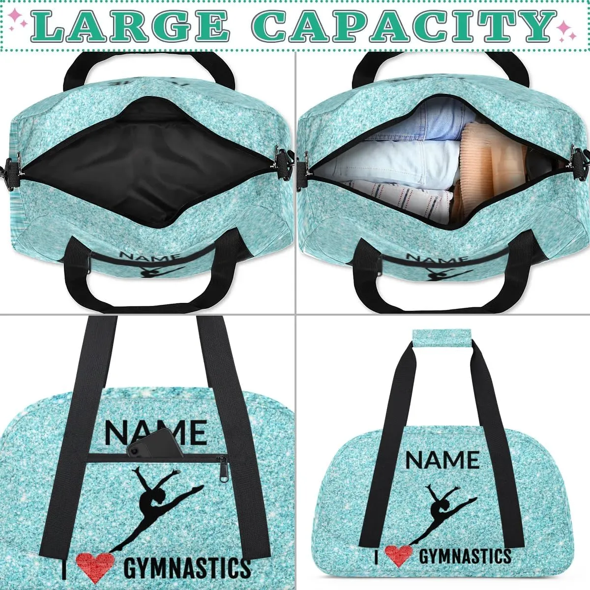 Custom Travel Duffle Bag, Gymnastics Duffel Bag Weekender Overnight Bag, Large Capacity Carry On Tote for Gym, Travel, Work, and Sports, Blue Shiny