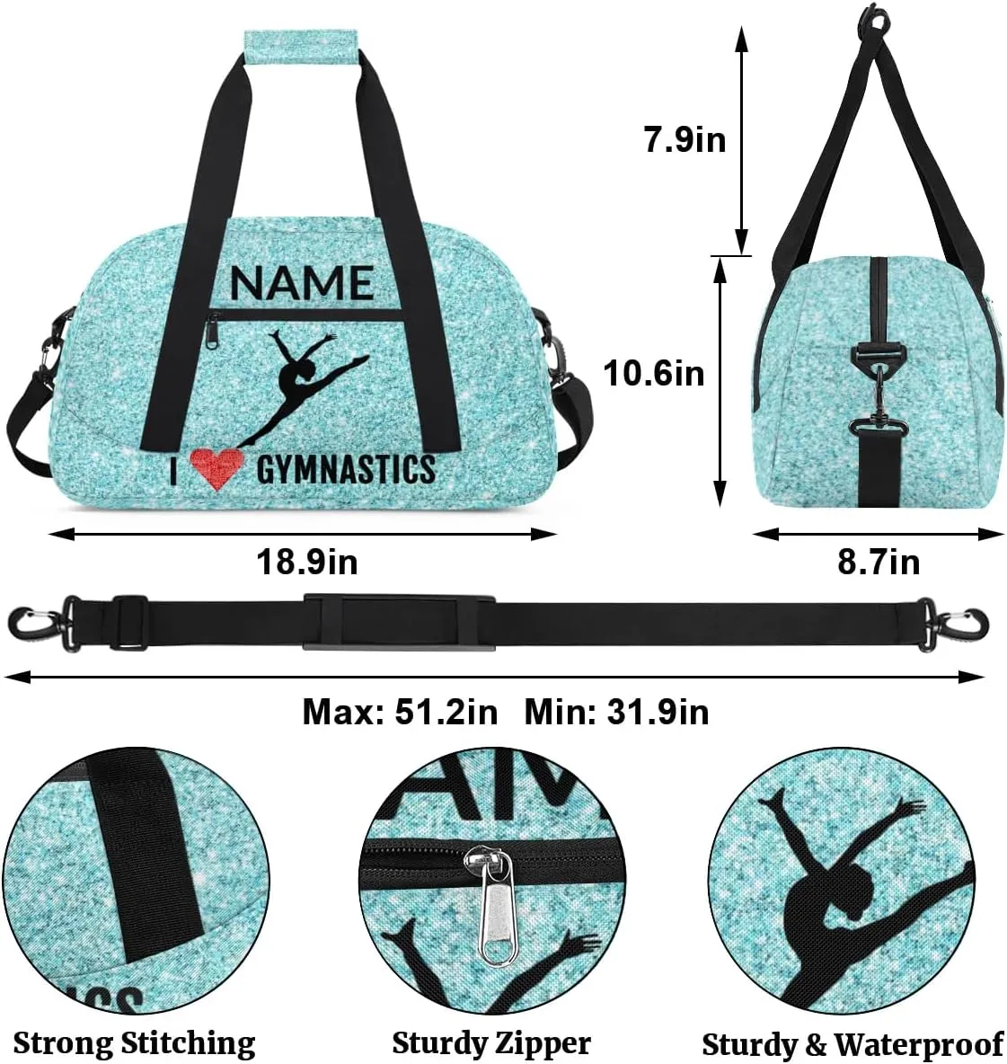 Custom Travel Duffle Bag, Gymnastics Duffel Bag Weekender Overnight Bag, Large Capacity Carry On Tote for Gym, Travel, Work, and Sports, Blue Shiny