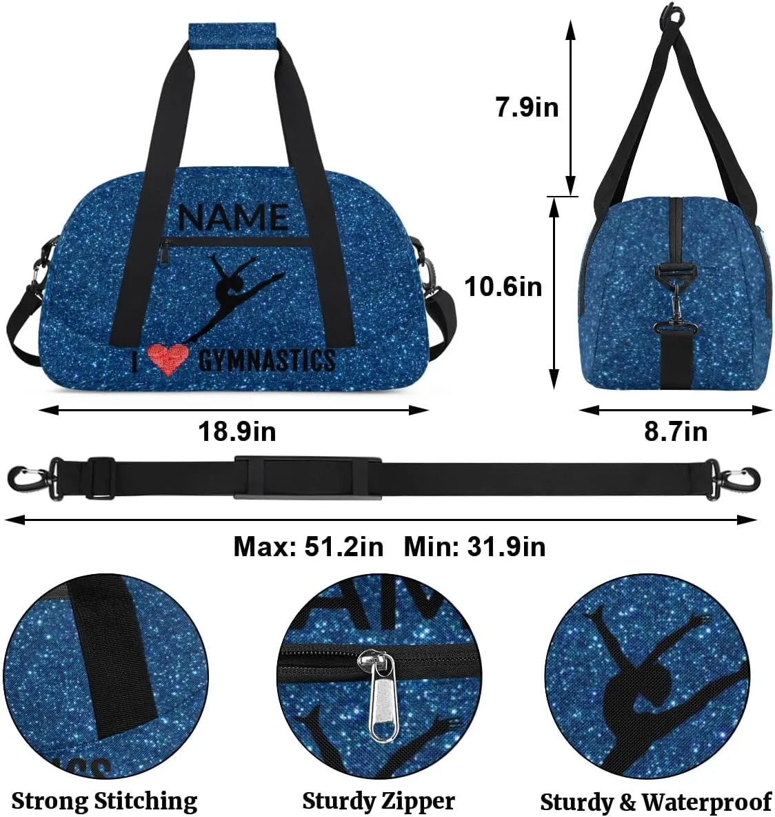 Custom Travel Duffle Bag, Gymnastics Duffel Bag Weekender Overnight Bag, Large Capacity Carry On Tote for Gym, Travel, Work, and Sports, Dark Blue Shiny