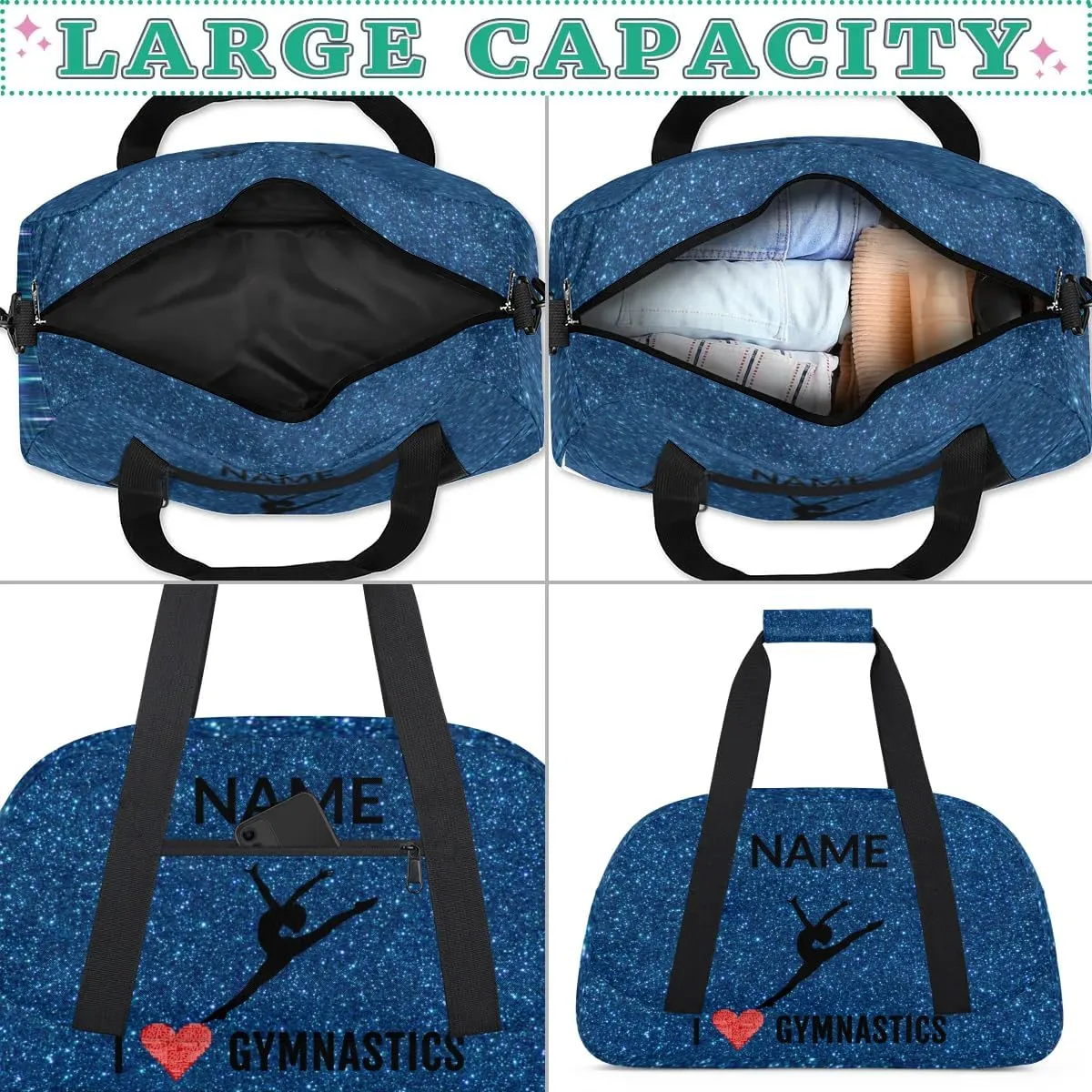 Custom Travel Duffle Bag, Gymnastics Duffel Bag Weekender Overnight Bag, Large Capacity Carry On Tote for Gym, Travel, Work, and Sports, Dark Blue Shiny