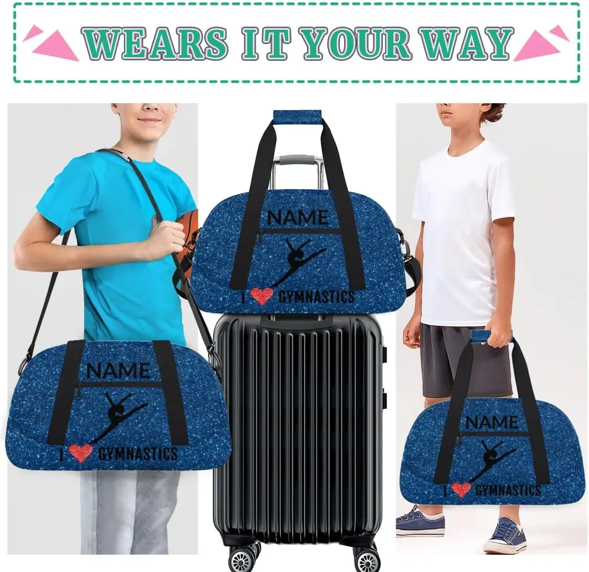 Custom Travel Duffle Bag, Gymnastics Duffel Bag Weekender Overnight Bag, Large Capacity Carry On Tote for Gym, Travel, Work, and Sports, Dark Blue Shiny