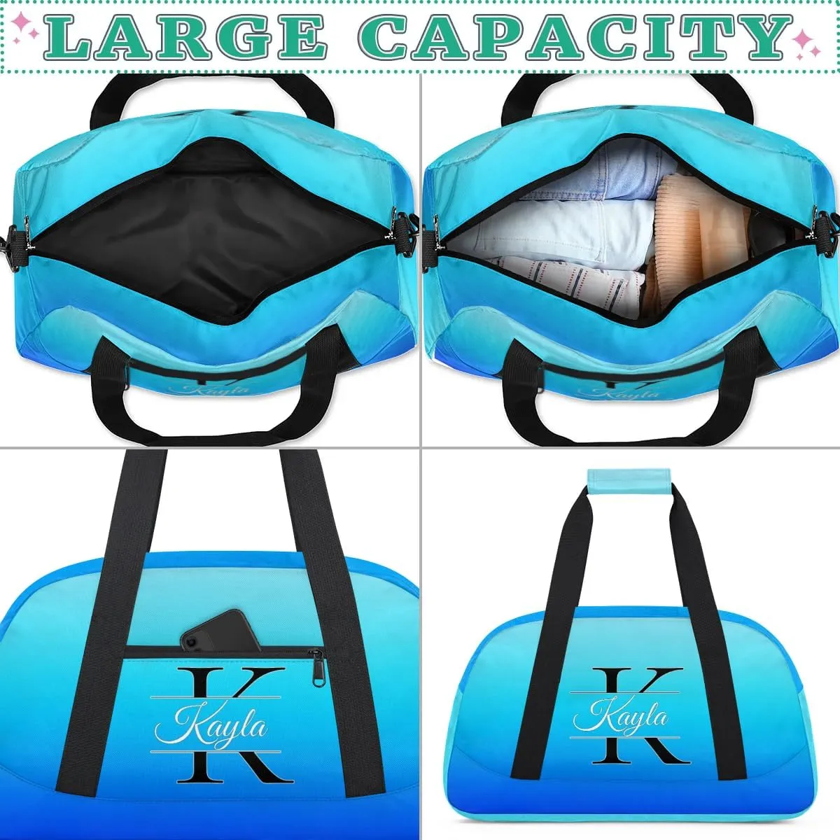 Custom Travel Duffle Bag, Initial Duffel Bag Weekender Overnight Bag, Large Capacity Carry On Tote for Gym, Travel, Work, and Sports, Blue Gradient