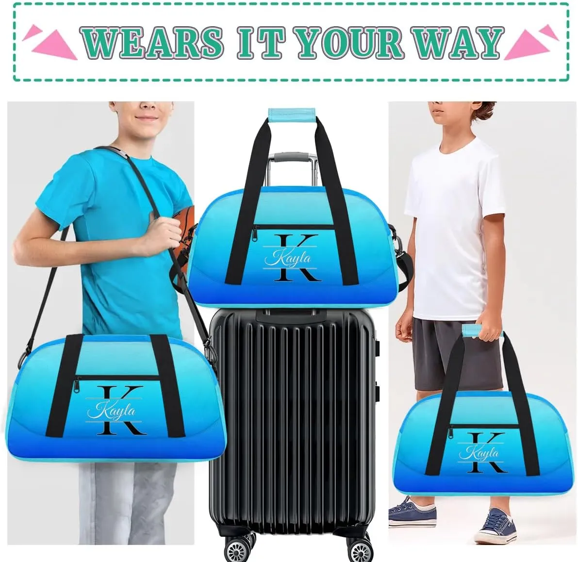 Custom Travel Duffle Bag, Initial Duffel Bag Weekender Overnight Bag, Large Capacity Carry On Tote for Gym, Travel, Work, and Sports, Blue Gradient