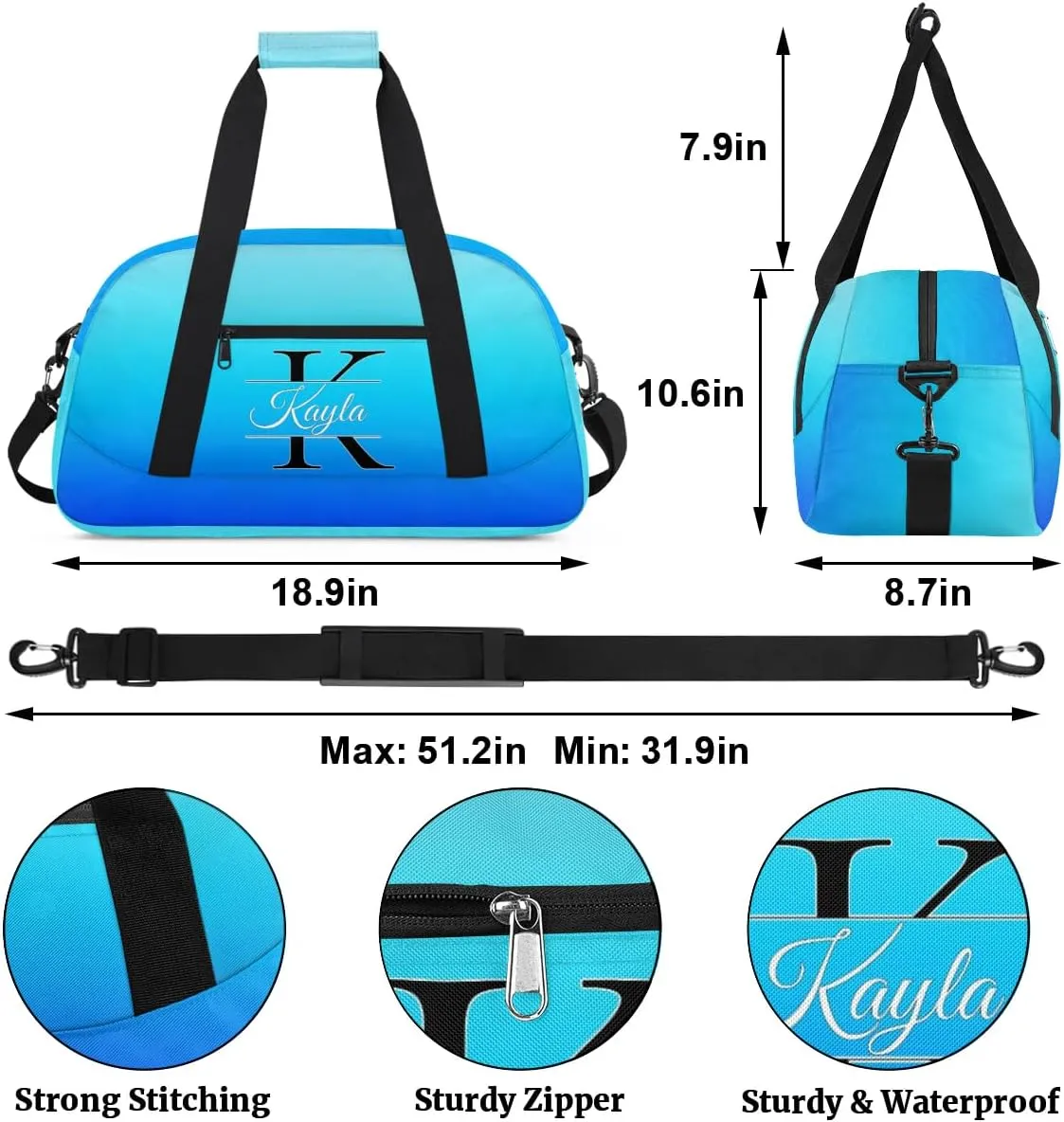 Custom Travel Duffle Bag, Initial Duffel Bag Weekender Overnight Bag, Large Capacity Carry On Tote for Gym, Travel, Work, and Sports, Blue Gradient
