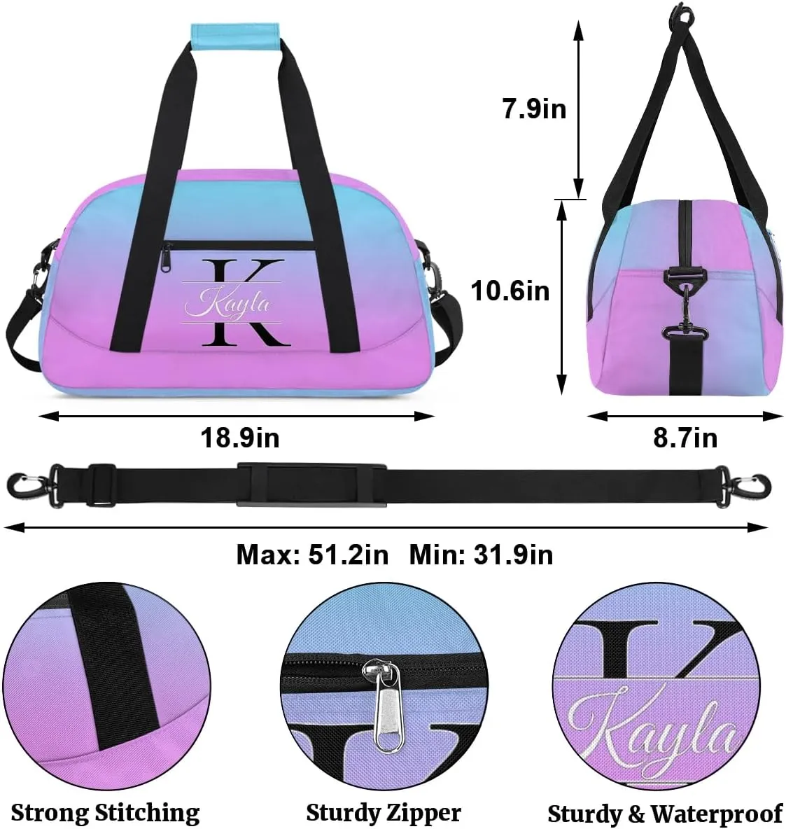 Custom Travel Duffle Bag, Initial Duffel Bag Weekender Overnight Bag, Large Capacity Carry On Tote for Gym, Travel, Work, and Sports, Blue Pink